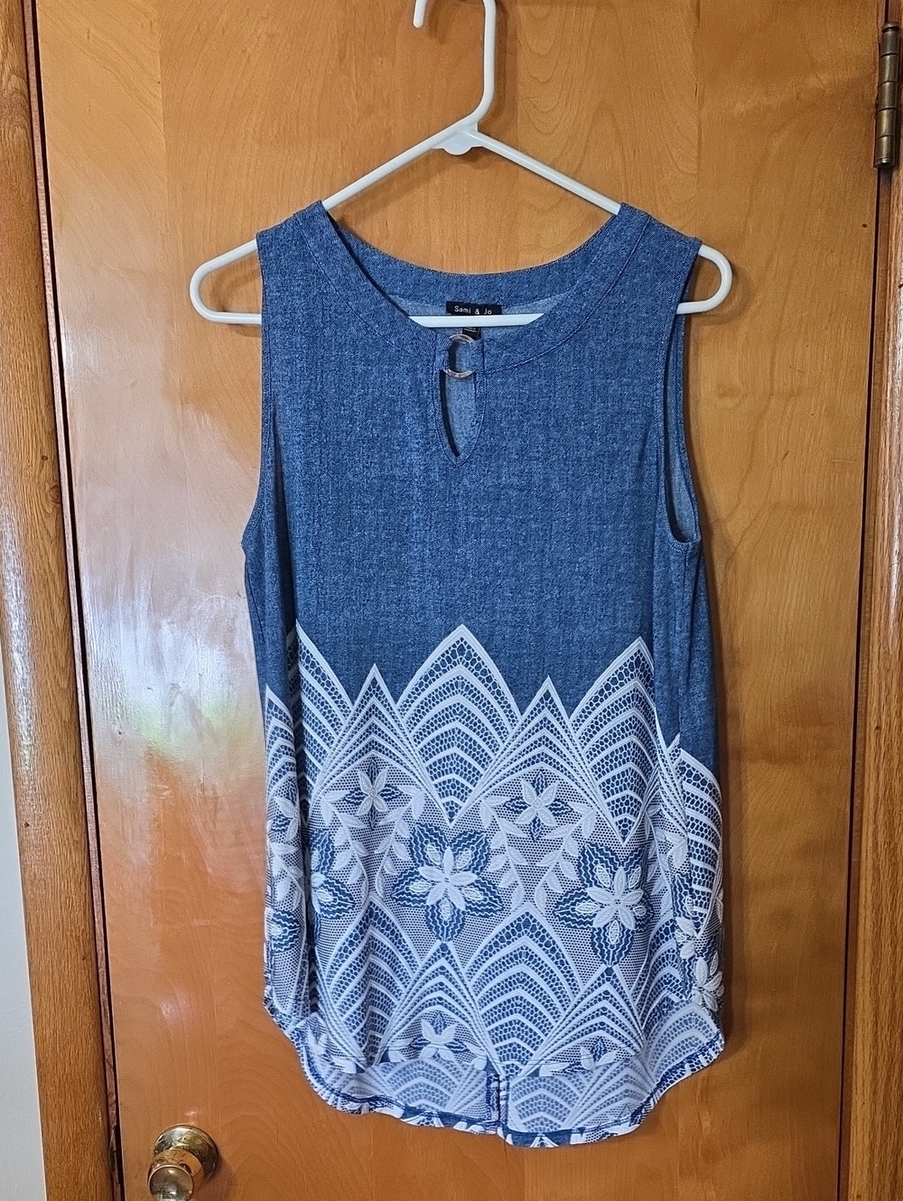 Sami & Jo Navy Blue Sleeveless Tank with White Lace-Style Hem